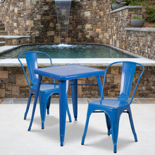 Commercial Grade 23.75" Square Blue Metal Indoor-Outdoor Table Set with 2 Stack Chairs [FLF-CH-31330-2-30-BL-GG]