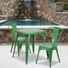 Commercial Grade 23.75" Square Green Metal Indoor-Outdoor Table Set with 2 Stack Chairs [FLF-CH-31330-2-30-GN-GG]