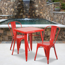 Commercial Grade 23.75" Square Red Metal Indoor-Outdoor Table Set with 2 Stack Chairs [FLF-CH-31330-2-30-RED-GG]