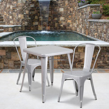 Commercial Grade 23.75" Square Silver Metal Indoor-Outdoor Table Set with 2 Stack Chairs [FLF-CH-31330-2-30-SIL-GG]