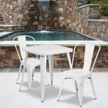 Commercial Grade 23.75" Square White Metal Indoor-Outdoor Table Set with 2 Stack Chairs [FLF-CH-31330-2-30-WH-GG]