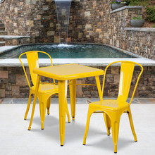 Commercial Grade 23.75" Square Yellow Metal Indoor-Outdoor Table Set with 2 Stack Chairs [FLF-CH-31330-2-30-YL-GG]