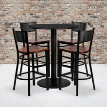 36'' Round Black Laminate Table Set with 4 Grid Back Metal Barstools - Cherry Wood Seat [FLF-MD-0018-GG]