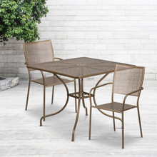 Oia Commercial Grade 35.5" Square Gold Indoor-Outdoor Steel Patio Table Set with 2 Square Back Chairs [FLF-CO-35SQ-02CHR2-GD-GG]