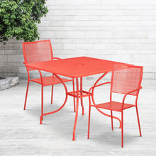 Oia Commercial Grade 35.5" Square Coral Indoor-Outdoor Steel Patio Table Set with 2 Square Back Chairs [FLF-CO-35SQ-02CHR2-RED-GG]