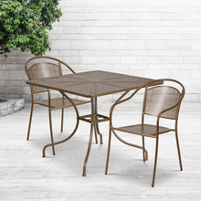 Oia Commercial Grade 35.5" Square Gold Indoor-Outdoor Steel Patio Table Set with 2 Round Back Chairs [FLF-CO-35SQ-03CHR2-GD-GG]