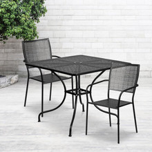Oia Commercial Grade 35.5" Square Black Indoor-Outdoor Steel Patio Table Set with 2 Square Back Chairs [FLF-CO-35SQ-02CHR2-BK-GG]