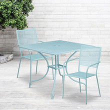 Oia Commercial Grade 35.5" Square Sky Blue Indoor-Outdoor Steel Patio Table Set with 2 Square Back Chairs [FLF-CO-35SQ-02CHR2-SKY-GG]