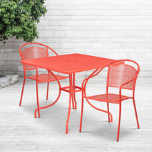 Oia Commercial Grade 35.5" Square Coral Indoor-Outdoor Steel Patio Table Set with 2 Round Back Chairs [FLF-CO-35SQ-03CHR2-RED-GG]