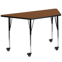 Wren Mobile 29''W x 57''L Trapezoid Oak HP Laminate Activity Table - Standard Height Adjustable Legs [FLF-XU-A2960-TRAP-OAK-H-A-CAS-GG]