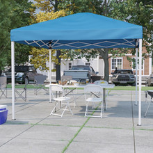 Portable Tailgate/Event Tent Set - 10'x10' Blue Pop Up Canopy Tent, 6-Foot Bi-Fold Table, Set of 4 White Folding Chairs [FLF-JJ-GZ10183Z-4LEL3-BLWH-GG]