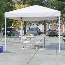 Portable Tailgate/Event Tent Set - 10'x10' White Pop Up Canopy Tent, 6-Foot Bi-Fold Table, Set of 4 White Folding Chairs [FLF-JJ-GZ10183Z-4LEL3-WHWH-GG]