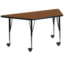 Wren Mobile 29''W x 57''L Trapezoid Oak HP Laminate Activity Table - Height Adjustable Short Legs [FLF-XU-A2960-TRAP-OAK-H-P-CAS-GG]