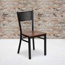 HERCULES Series Black Grid Back Metal Restaurant Chair - Cherry Wood Seat [FLF-XU-DG-60115-GRD-CHYW-GG]