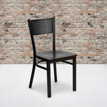 HERCULES Series Black Grid Back Metal Restaurant Chair - Mahogany Wood Seat [FLF-XU-DG-60115-GRD-MAHW-GG]
