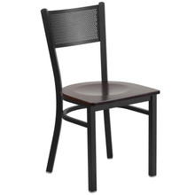 HERCULES Series Black Grid Back Metal Restaurant Chair - Walnut Wood Seat [FLF-XU-DG-60115-GRD-WALW-GG]