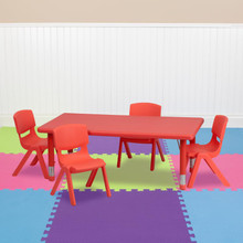 24''W x 48''L Rectangular Red Plastic Height Adjustable Activity Table Set with 4 Chairs [FLF-YU-YCX-0013-2-RECT-TBL-RED-R-GG]