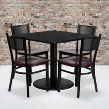 36'' Square Black Laminate Table Set with 4 Grid Back Metal Chairs - Mahogany Wood Seat [FLF-MD-0008-GG]