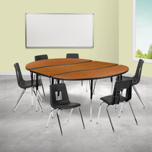 Emmy 86" Oval Wave Flexible Laminate Activity Table Set with 18" Student Stack Chairs, Oak/Black [FLF-XU-GRP-18CH-A3060CON-60-OAK-T-A-GG]