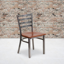 HERCULES Series Clear Coated Ladder Back Metal Restaurant Chair - Cherry Wood Seat [FLF-XU-DG694BLAD-CLR-CHYW-GG]