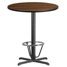 36'' Round Walnut Laminate Table Top with 30'' x 30'' Bar Height Table Base and Foot Ring [FLF-XU-RD-36-WALTB-T3030B-3CFR-GG]