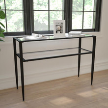 Newport Collection Glass Console Table with Shelves and Black Metal Frame [FLF-HG-160334-GG]