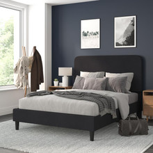 Addison Charcoal Queen Fabric Upholstered Platform Bed - Headboard with Rounded Edges - No Box Spring or Foundation Needed [FLF-HG-3WPB21-Q03-Q-BK-GG]
