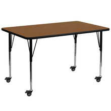 Wren Mobile 30''W x 72''L Rectangular Oak HP Laminate Activity Table - Standard Height Adjustable Legs [FLF-XU-A3072-REC-OAK-H-A-CAS-GG]