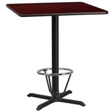 36'' Square Mahogany Laminate Table Top with 30'' x 30'' Bar Height Table Base and Foot Ring [FLF-XU-MAHTB-3636-T3030B-3CFR-GG]