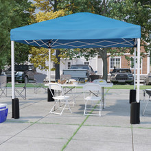 Portable Tailgate/Event Tent Set-10'x10' Wheeled Blue Pop Up Canopy Tent, 6-Foot Bi-Fold Table, 4 White Folding Chairs [FLF-JJ-GZ10PKG183Z-4LEL3-BLWH-GG]