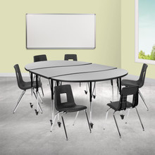 Emmy Mobile 86" Oval Wave Flexible Laminate Activity Table Set with 18" Student Stack Chairs, Grey/Black [FLF-XU-GRP-18CH-A3060CON-60-GY-T-A-CAS-GG]