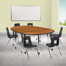 Emmy Mobile 86" Oval Wave Flexible Laminate Activity Table Set with 18" Student Stack Chairs, Oak/Black [FLF-XU-GRP-18CH-A3060CON-60-OAK-T-A-CAS-GG]