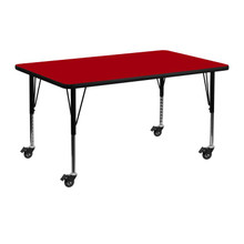 Wren Mobile 24''W x 48''L Rectangular Red Thermal Laminate Activity Table - Height Adjustable Short Legs [FLF-XU-A2448-REC-RED-T-P-CAS-GG]