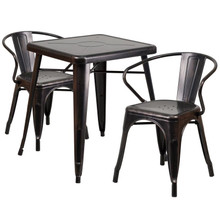 Commercial Grade 23.75" Square Black-Antique Gold Metal Indoor-Outdoor Table Set with 2 Arm Chairs [FLF-CH-31330-2-70-BQ-GG]