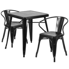 Commercial Grade 23.75" Square Black Metal Indoor-Outdoor Table Set with 2 Arm Chairs [FLF-CH-31330-2-70-BK-GG]