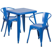Commercial Grade 23.75" Square Blue Metal Indoor-Outdoor Table Set with 2 Arm Chairs [FLF-CH-31330-2-70-BL-GG]