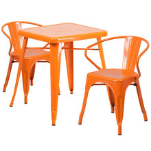 Commercial Grade 23.75" Square Orange Metal Indoor-Outdoor Table Set with 2 Arm Chairs [FLF-CH-31330-2-70-OR-GG]