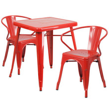 Commercial Grade 23.75" Square Red Metal Indoor-Outdoor Table Set with 2 Arm Chairs [FLF-CH-31330-2-70-RED-GG]