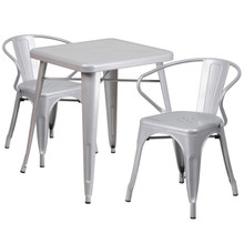 Commercial Grade 23.75" Square Silver Metal Indoor-Outdoor Table Set with 2 Arm Chairs [FLF-CH-31330-2-70-SIL-GG]