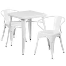 Commercial Grade 23.75" Square White Metal Indoor-Outdoor Table Set with 2 Arm Chairs [FLF-CH-31330-2-70-WH-GG]
