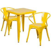 Commercial Grade 23.75" Square Yellow Metal Indoor-Outdoor Table Set with 2 Arm Chairs [FLF-CH-31330-2-70-YL-GG]