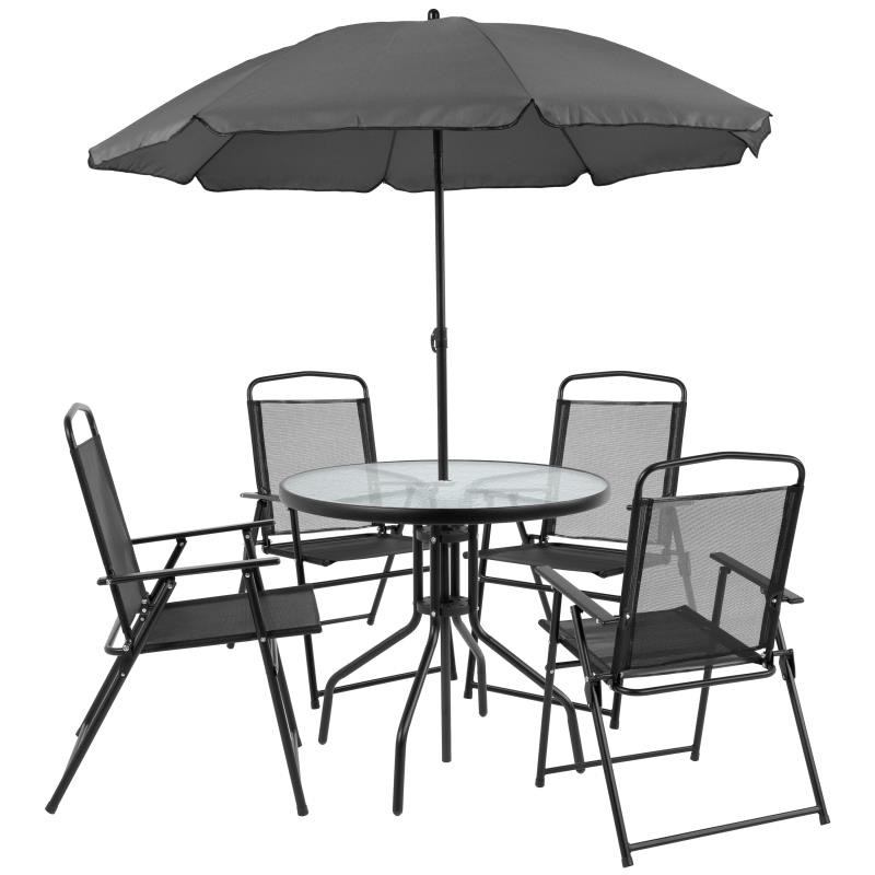 Nantucket 6 Piece Black Patio Garden Set with Umbrella Table and Set of 4 Folding Chairs EventsWholesale