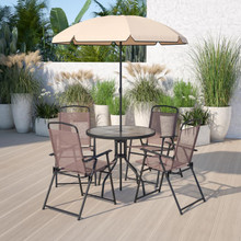Nantucket 6 Piece Brown Patio Garden Set with Umbrella Table and Set of 4 Folding Chairs [FLF-GM-202012-BRN-GG]