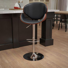 Walnut Bentwood Adjustable Height Barstool with Curved Back and Black Vinyl Seat [FLF-SD-2203-WAL-GG]