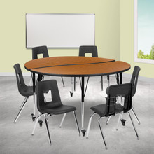 Emmy Mobile 60" Circle Wave Flexible Laminate Activity Table Set with 18" Student Stack Chairs, Oak/Black [FLF-XU-GRP-18CH-A60-HCIRC-OAK-T-A-CAS-GG]