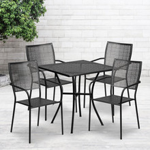 Oia Commercial Grade 28" Square Black Indoor-Outdoor Steel Patio Table Set with 4 Square Back Chairs [FLF-CO-28SQ-02CHR4-BK-GG]