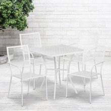 Oia Commercial Grade 28" Square White Indoor-Outdoor Steel Patio Table Set with 4 Square Back Chairs [FLF-CO-28SQ-02CHR4-WH-GG]