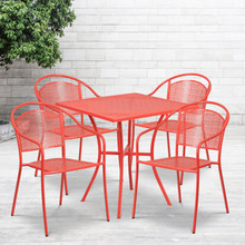 Oia Commercial Grade 28" Square Coral Indoor-Outdoor Steel Patio Table Set with 4 Round Back Chairs [FLF-CO-28SQ-03CHR4-RED-GG]