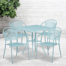 Oia Commercial Grade 28" Square Sky Blue Indoor-Outdoor Steel Patio Table Set with 4 Round Back Chairs [FLF-CO-28SQ-03CHR4-SKY-GG]