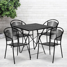 Oia Commercial Grade 28" Square Black Indoor-Outdoor Steel Folding Patio Table Set with 4 Round Back Chairs [FLF-CO-28SQF-03CHR4-BK-GG]